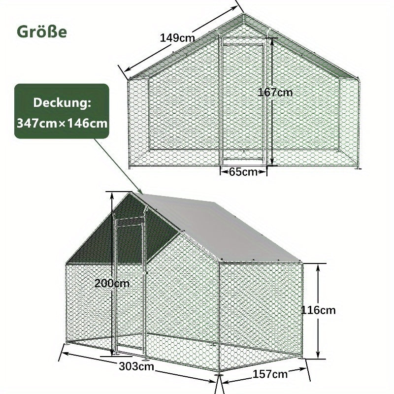 Buitenren Kip – Konijnenren – Dierenverblijf – Klein Dierenren – Metalen Buitenren – Waterdichte PE-afdekking – Veilig Slot – 3x1,5x2 m Durable Weather-Resistant Outdoor Shelter