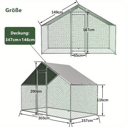 Buitenren Kip – Konijnenren – Dierenverblijf – Klein Dierenren – Metalen Buitenren – Waterdichte PE-afdekking – Veilig Slot – 3x1,5x2 m Durable Weather-Resistant Outdoor Shelter