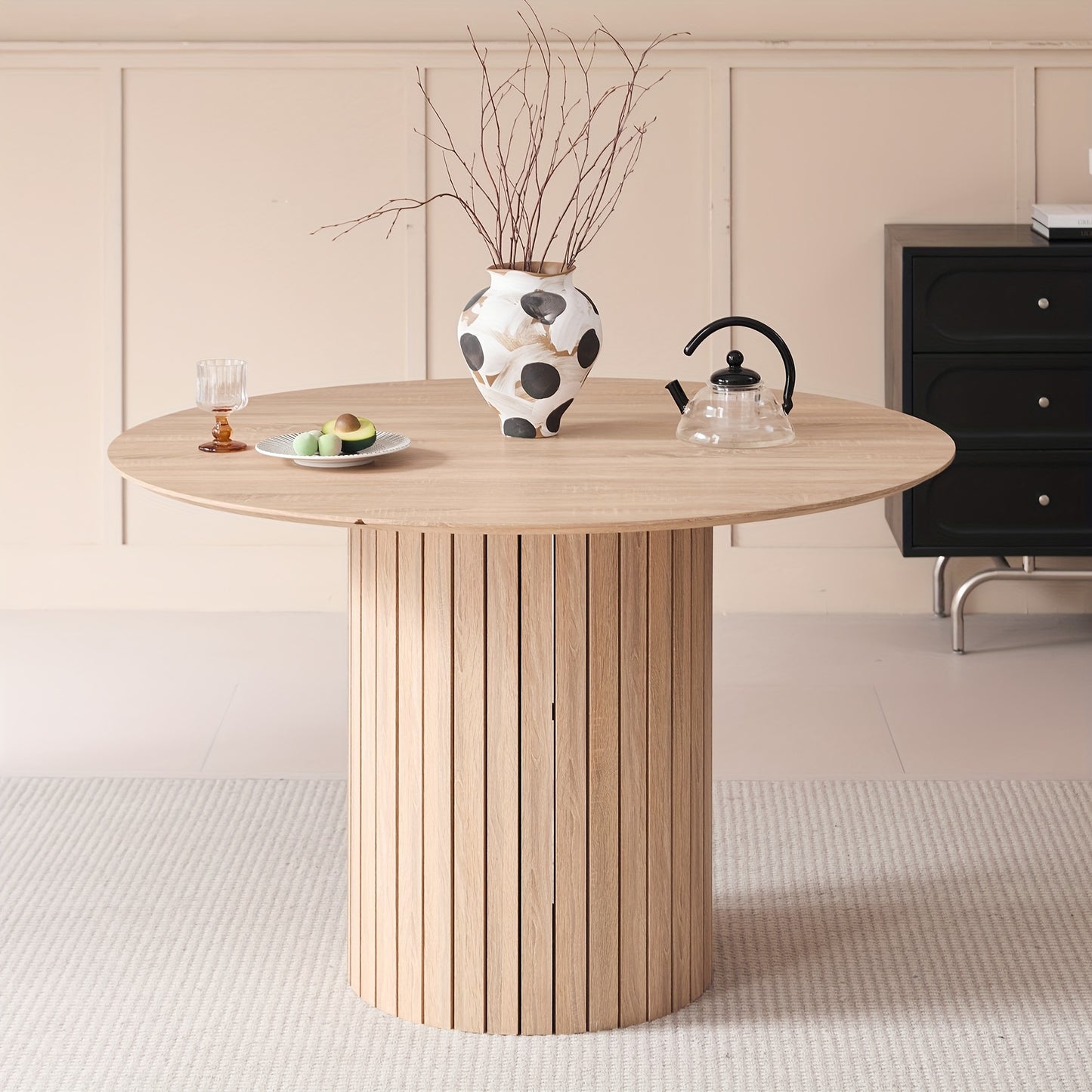 EGoonm 120cm Round Dining Table for 4-6 People - Modern Farmhouse Wood & Metal Kitchen Table with Slatted Pedestal Base, Heavy-Duty MDF/MDF Top, Brown Wood Grain, Adjustable Leveling Feet & Scratch, Easy Assembly (48