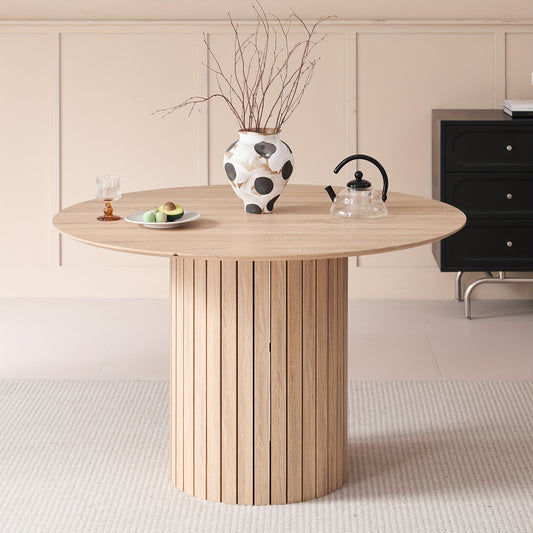 EGoonm 120cm Round Dining Table for 4-6 People - Modern Farmhouse Wood & Metal Kitchen Table with Slatted Pedestal Base, Heavy-Duty MDF/MDF Top, Brown Wood Grain, Adjustable Leveling Feet & Scratch, Easy Assembly (48