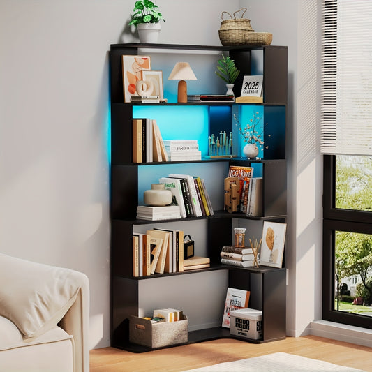 Boekenrek Hoekboekenkast Boekenplank Vakkenkast Stellingkast – Zwart – 5-laags – Hardhout & Spaanplaat – Vrijstaand Triangel Ontwerp – Ruimtebesparend – 68,5 cm Hoog – Eenvoudige Montage Zonder Gereedschap