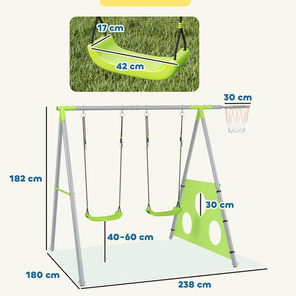 Swing Set for , 2 Swing Seats, 1 Basketball Hoop, 1 Soccer Goal, Metal Frame, Green, ' Play Equipment, ' Playground, Interactive Play Set, Fun Play Equipment, Weatherresistant Material, Safe For, Play Equipment, Sports Play S