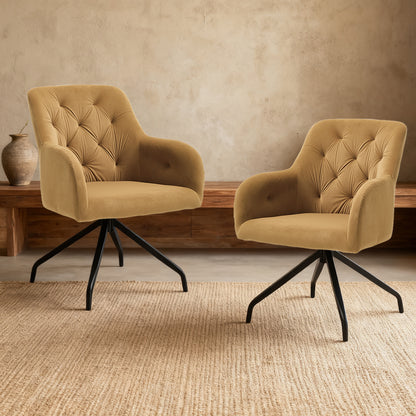 Eetkamerstoelen – Keukenstoelen – Woonkamerstoelen – Fluwelen Stoelen – Draaistoelen – Set van 2 – Met Armleuningen – 360° Draaibaar – Stabiel Metalen X-Frame – Geel