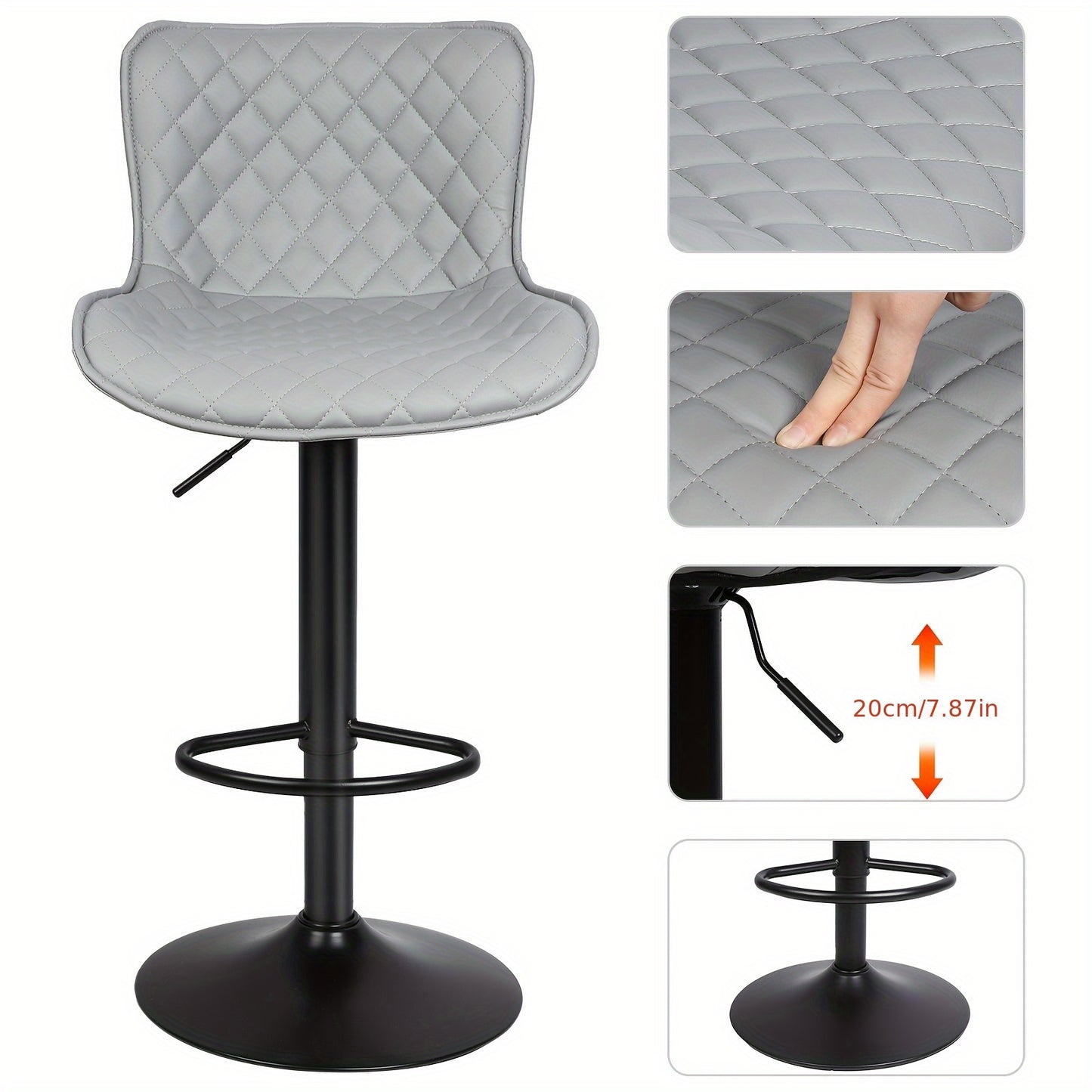 Barstoel – Barkruk – Barstoeltje – Keukenkruk – Barkrukken Set – 360° Draaibaar – Verstelbare Hoogte – PU Leder Bekleding – Metaal Frame – Lichtgrijs