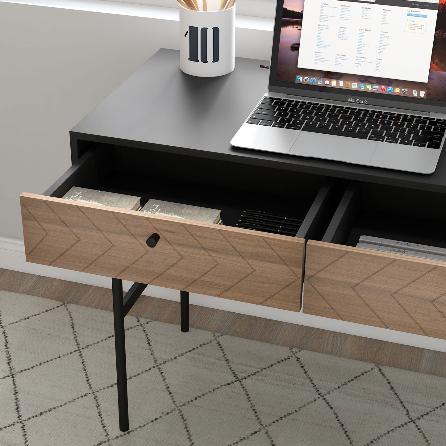 Bureau – Bureautafel – Computertafel – Werktafel – Schrijftafel – Met Twee Laden – Zwart Metalen Frame – 106 x 50 x 77 cm