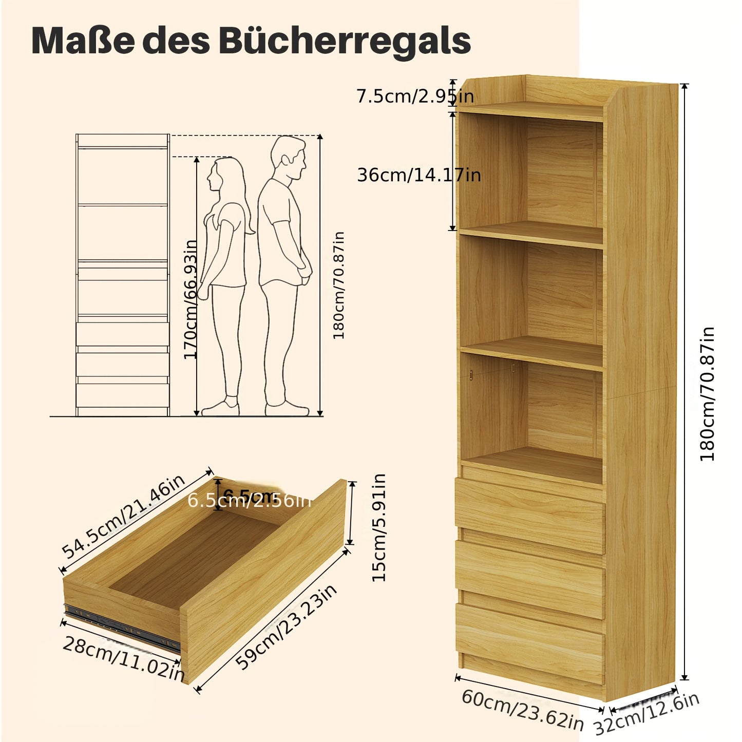 Houten Boekenkast – Boekenplank – Opbergkast – Vakkenkast – Boekenkast Verticaal – 3 Vakjes – Duurzaam Hout – 180x59x32 cm