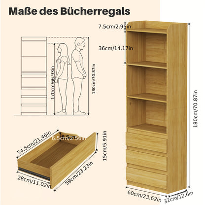 Houten Boekenkast – Boekenplank – Opbergkast – Vakkenkast – Boekenkast Verticaal – 3 Vakjes – Duurzaam Hout – 180x59x32 cm