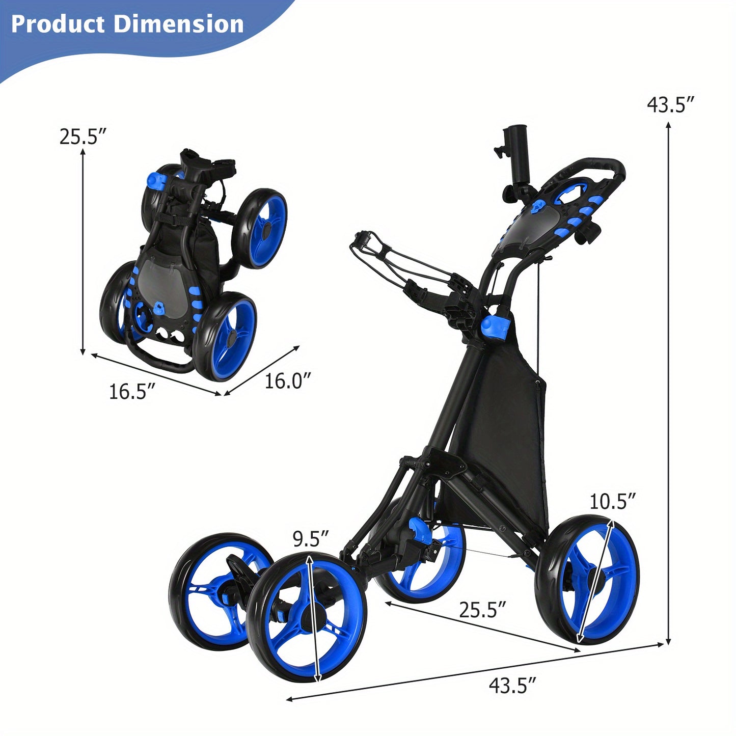 Golfkarretje – Golftrolley – Golfwagen – Golfpushcart – Golfcaddy – Lichtgewicht Opvouwbaar – Blauwe Wielen