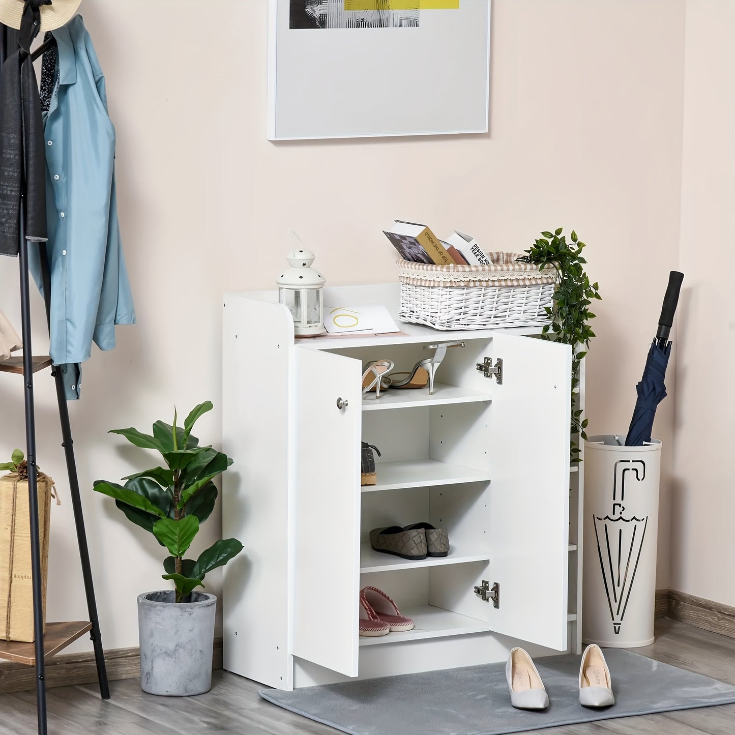 Schoenenkast – Schoenenrek – Schoenenopberger – Schoenenkastje – Schoenenbankje – Wit – Compact & Ruimtebesparend – 2 Deuren 4 Vakken 83x30x90 cm