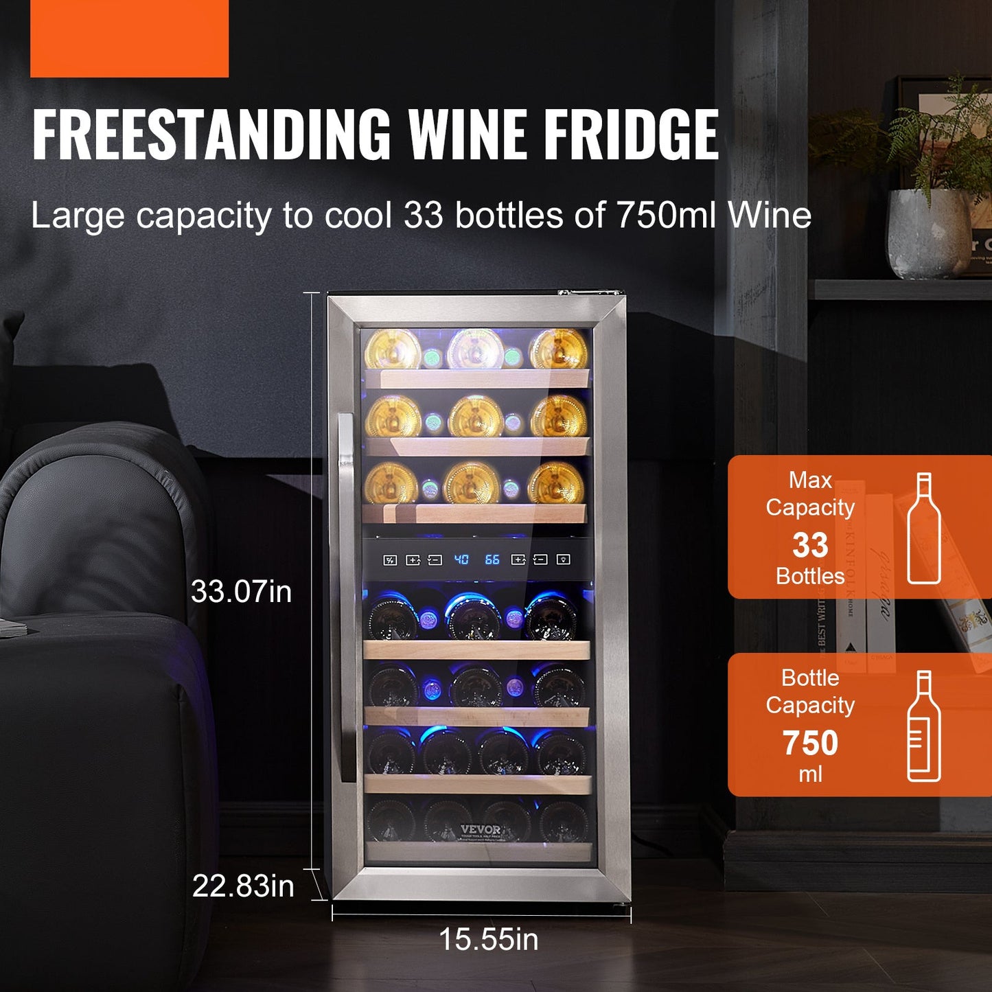 Wijnkoeler – Wijnkast – Wijnfrigo – Wijnkoelbox – Vrijstaande Wijnkoelkast Zilver – 33 Flessen Capaciteit – Dual Zone Temperatuurregeling