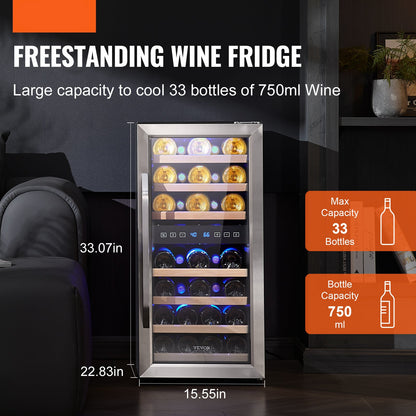 Wijnkoeler – Wijnkast – Wijnfrigo – Wijnkoelbox – Vrijstaande Wijnkoelkast Zilver – 33 Flessen Capaciteit – Dual Zone Temperatuurregeling