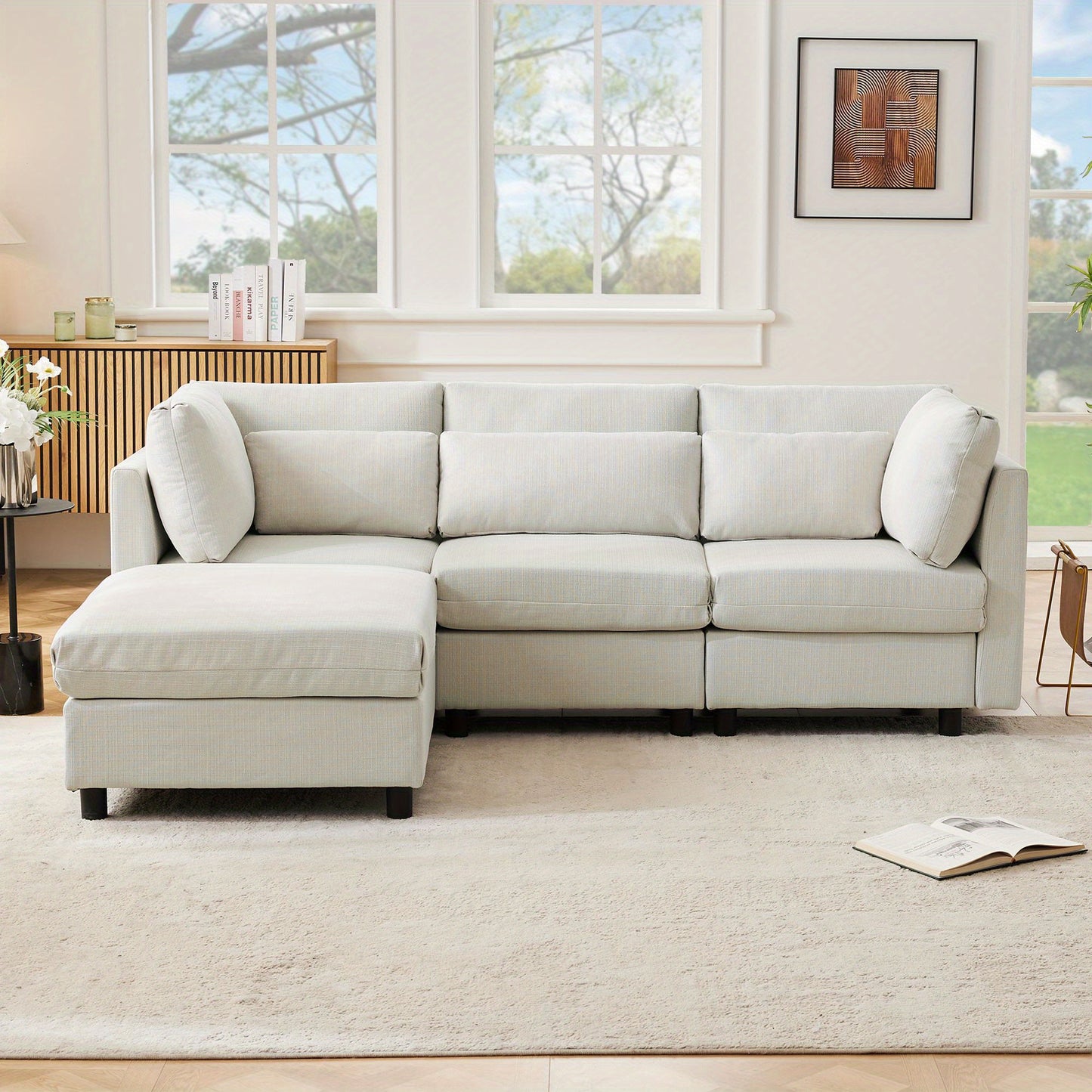 Hoekbank – Hoeksalon – Loungebank – Slaapbank – 3-Zitsbank – Katoen-Linnen Stof – Verwijderbare Voetenbank – Stevig Houten Frame – Comfortabele Kussens