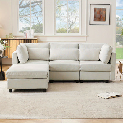 Hoekbank – Hoeksalon – Loungebank – Slaapbank – 3-Zitsbank – Katoen-Linnen Stof – Verwijderbare Voetenbank – Stevig Houten Frame – Comfortabele Kussens