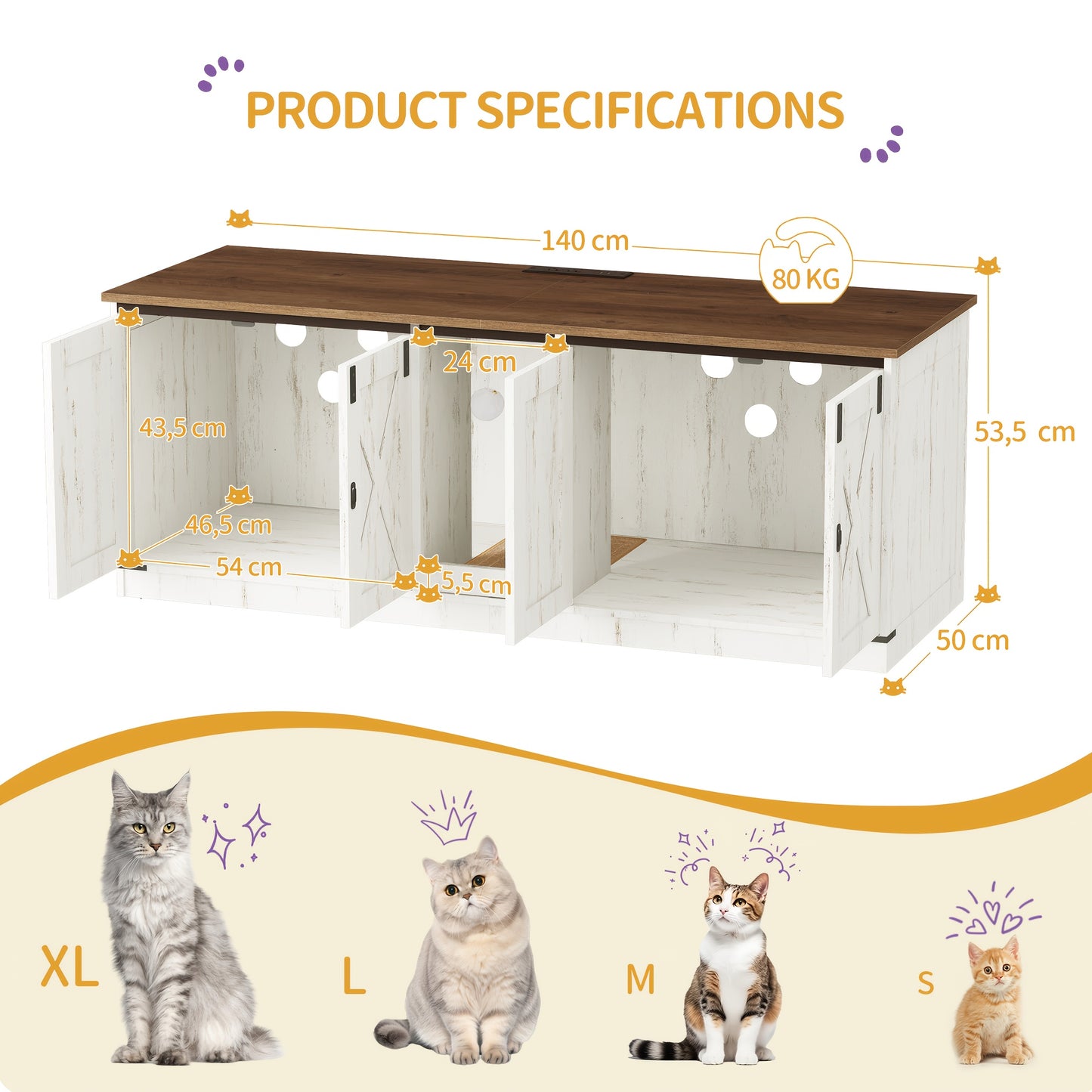Kattenmeubel – Kattenkast – Kattenbakmeubel – Kattenhuis – Kattenbak Kast – Voor 2 Katten – Met Stopcontacten en USB-poorten – 140 cm – Bruin-Wit