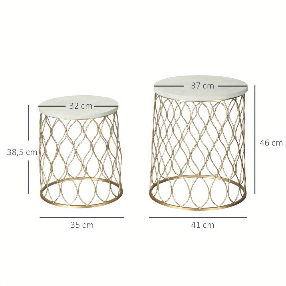 Tuintafel – Bijzettafel – Buitentafel – Balkon tafel – Nesting tafel – Retro Wire Basket Design – Set Van 2 – Metaal Goud Wit – Ruimtebesparend & Weerbestendig