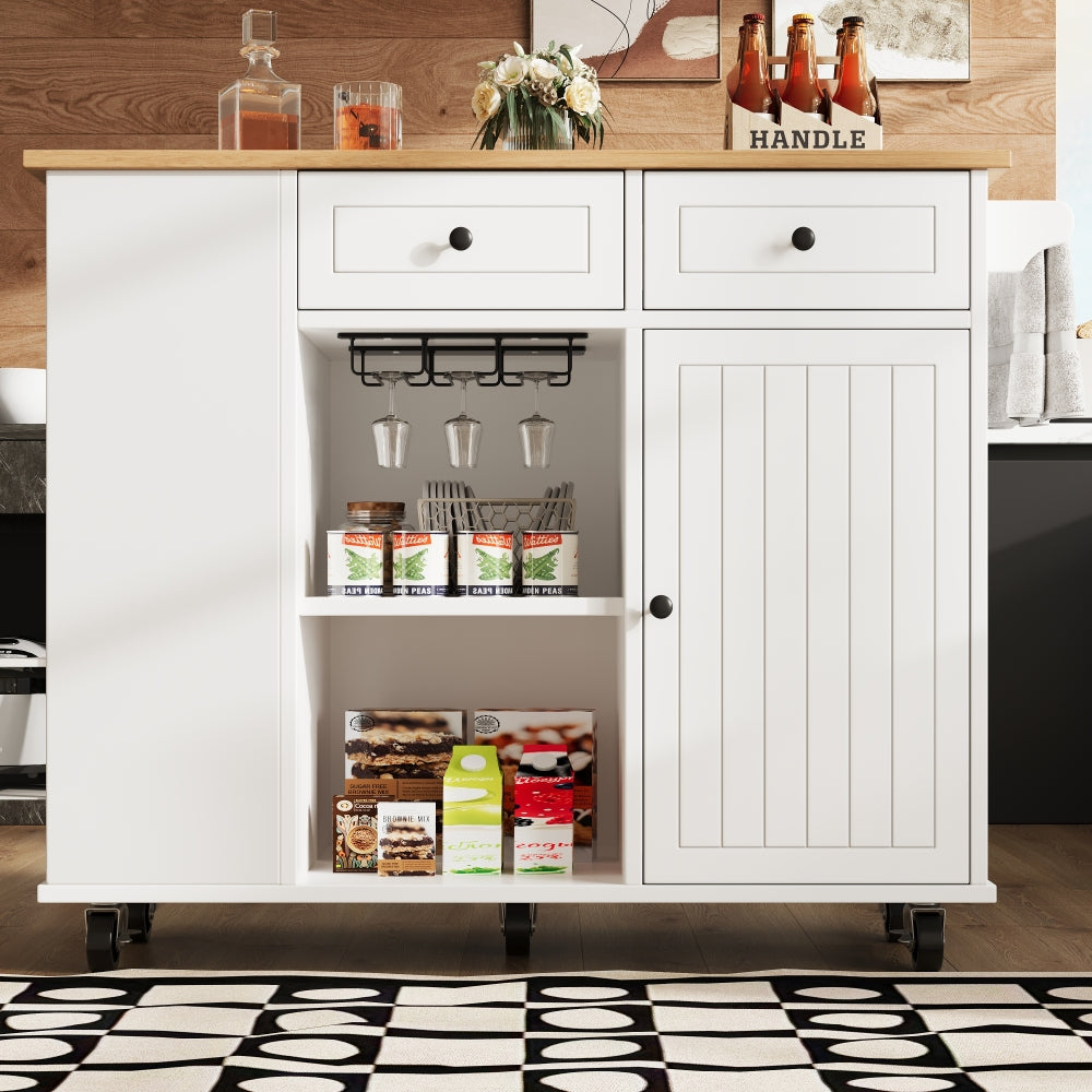 White Mobile Kitchen Island Cart with Removable Shelves, Worktop & Towel Rack - Heavy-Duty Metal Frame on Wheels, White Mobile with Wine Glass Holder, Snack Rack & Lower Cabinets for Small Spaces, Easy Assembly (No Wood)