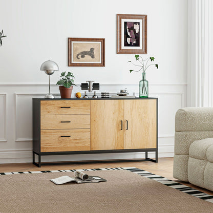 Buffetkast – Dressoir – Opbergkast – Sideboard – Buffetmeubel – Met 3 Laden en Verstelbare Plank – Stalen Poten en Aluminium Handgrepen – Natuurlijke Houtlook – Afmeting 140x35x75 cm