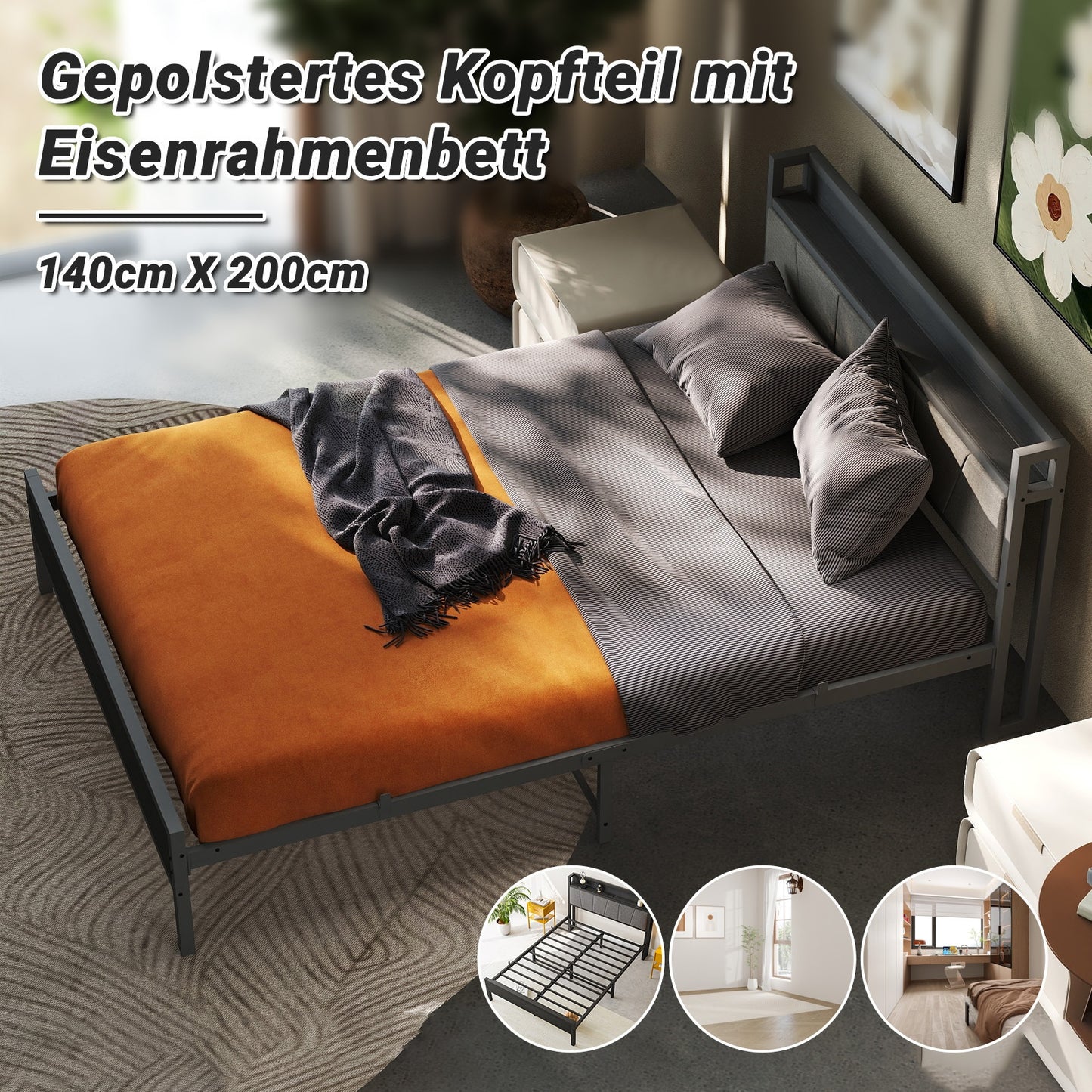 Bedframe – Bed – Eenpersoonsbed – Tweepersoonsbed – Metalen Bed – 140x200 cm – Stevig Zwart Metaal – Inclusief Spiraalbodem