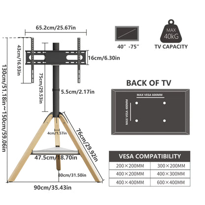 Zware Hoek-TV-Standaard – Voor 101–190 cm Schermen – Tripod Vloermontage met Hoogteverstelling, Draaibare Basis en Sintersteenplank