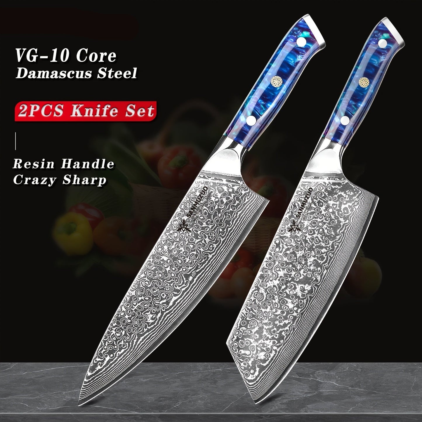 Nakiri mes – Groentemes – Koksmes – Japans mes – Hakmes – VG10 Damascus staal – Resin handvat – Set van 2