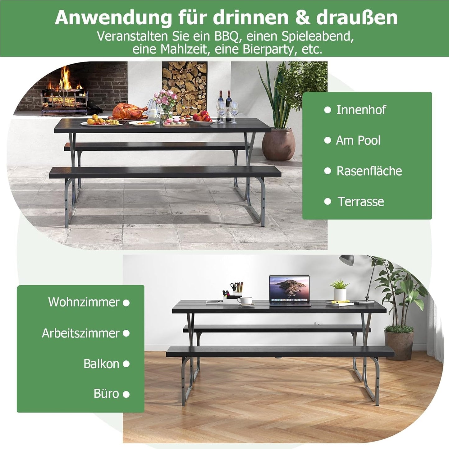 Bier Tent Set – Bierbank Set – Picknicktafel – Feesttafel – Tuinset – Weerbestendig HDPE Blad – Inclusief Parasolgat – Zwart – Geschikt Voor 6-8 Personen – Robuust Metalen Frame
