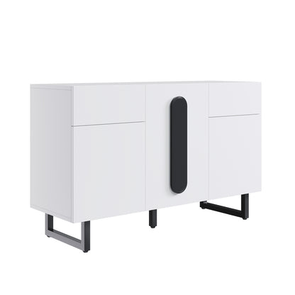 Sideboard, modern sideboard, 120cm, featuring ample storage space, drawers and cabinet doors, white finish with black handles and metal legs, suitable for dining rooms, living rooms or kitchens.