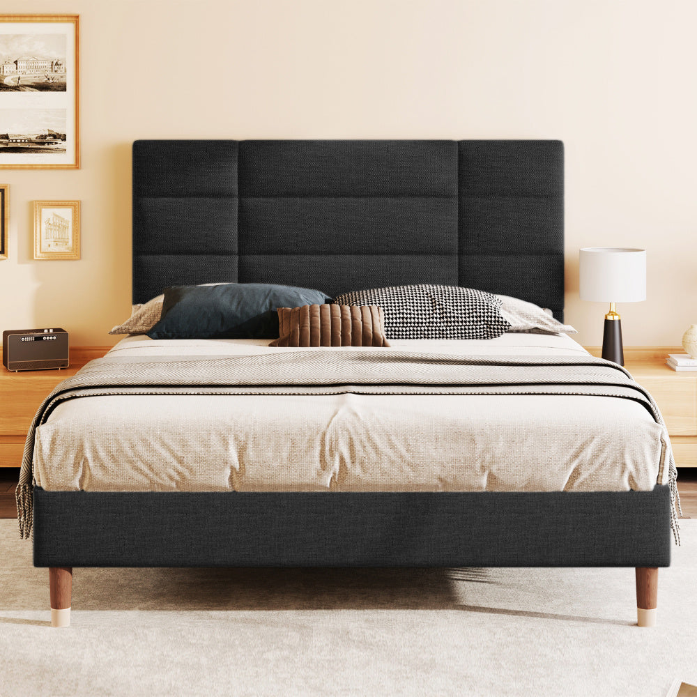 Bedframe – Houten Bed – Eenpersoonsbed – Opbergbed – Slaapbank – Modern Design – 140x200 cm – Massief Hardhout & Linnen – Geen Elektriciteit – Ruimtebesparend – Zwart