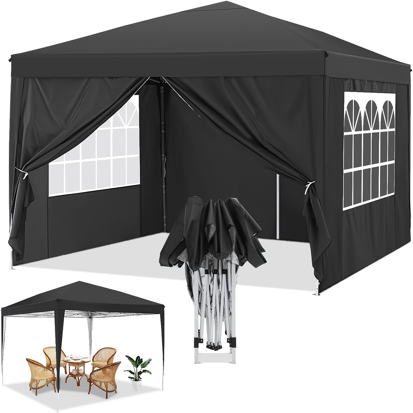 3x3m Pop-Up Canopy Tent with 4 Removable Side Walls Portable Commercial Instant Shelter Includes Carry Bag, Ropes, and Pegs Party Tent Ideal for Gardens, Festivals, Camping BBQs, Backyards, Weddings, Parties, and Outdoor Mark