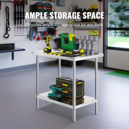 Werkbank – Werktafel – Keukentafel – Opbergsysteem – Werkplek – RVS Materiaal – 60,96x91,44 cm – Met Wielen – Duurzaam – Twee Niveaus