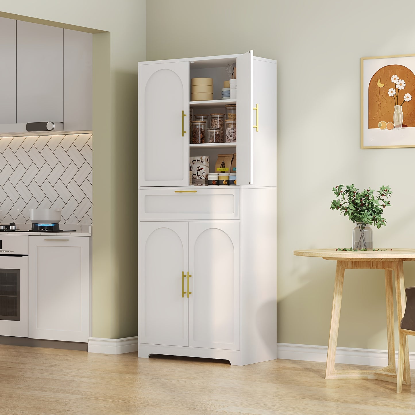 Witte Keukenkast – Keukenmeubel – Opbergkast – Dressoir – Kast Met Lade – 4 Deuren – Verstelbare Planken – Duurzaam En Compact