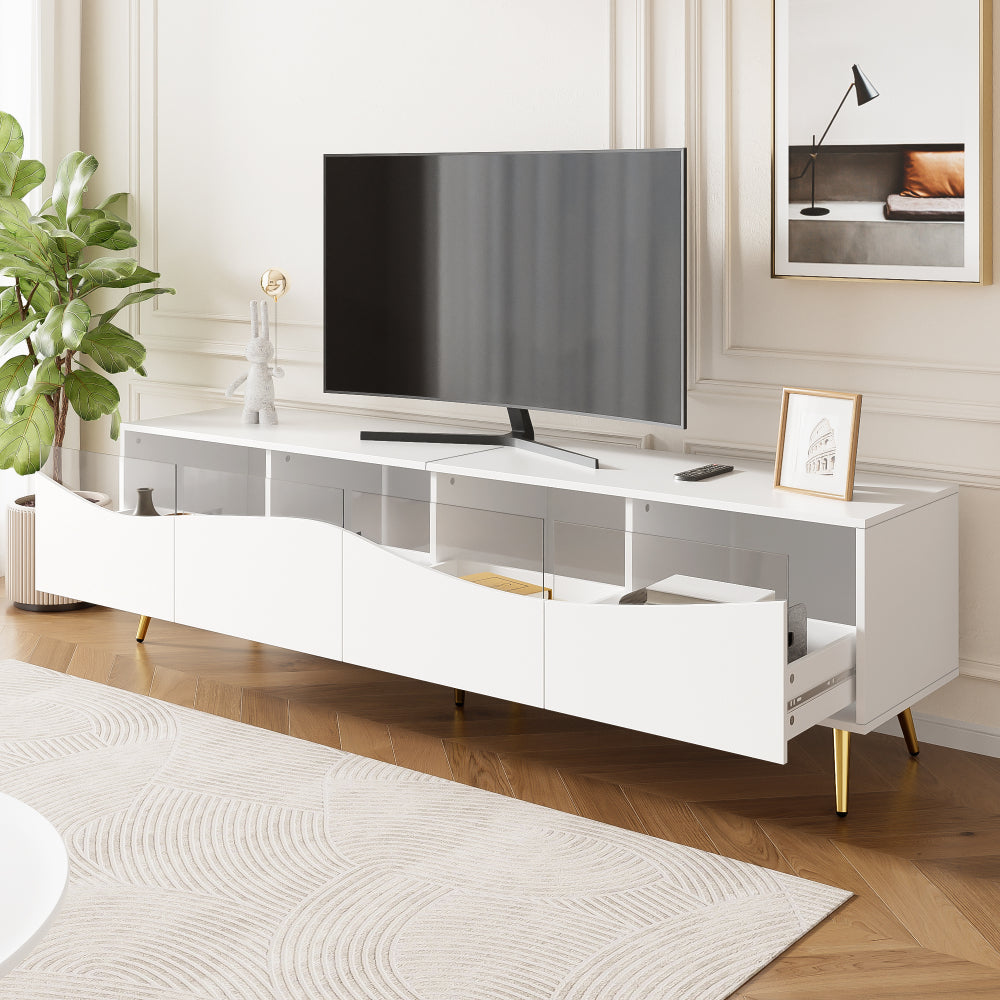 Tv-Meubel – Tv-Kast – Tv-Dressoir – Media-Meubel – Televisiekast – Mat Wit – Gouden Metalen Onderstel – Glazen Deuren – 180x40x50 CM – Kabelmanagement – Stevig & Ruim