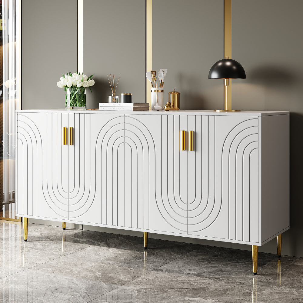 Wit Sideboard – Dressoir – Buffetkast – Opbergkast – Eetkamerkast – Uniek Golf Design – Gouden Handgrepen en Poten – 152 x 40 x 75 cm – Multifunctionele Opbergruimte