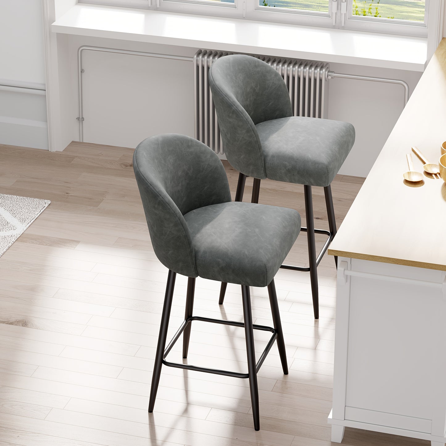 Barstoel Set – Barkrukken – Keukenstoelen – Counterstoelen – Barkrukken zonder Armleuningen – Lichtgrijs Kunstleer – Memory Foam Zitting – 360° Draaibaar – Metalen Frame – Ergonomische Hoge Rugleuning – Geschikt voor Harde Vloeren