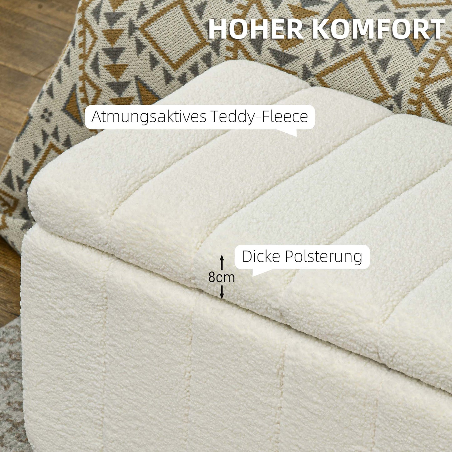 Opbergbankje – Zitbank – Bankje – Halbank – Opbergbox – Crème Wit Teddy Fleece – Houten Pootjes – 102x45x46 cm – Met Verstopte Opbergruimte