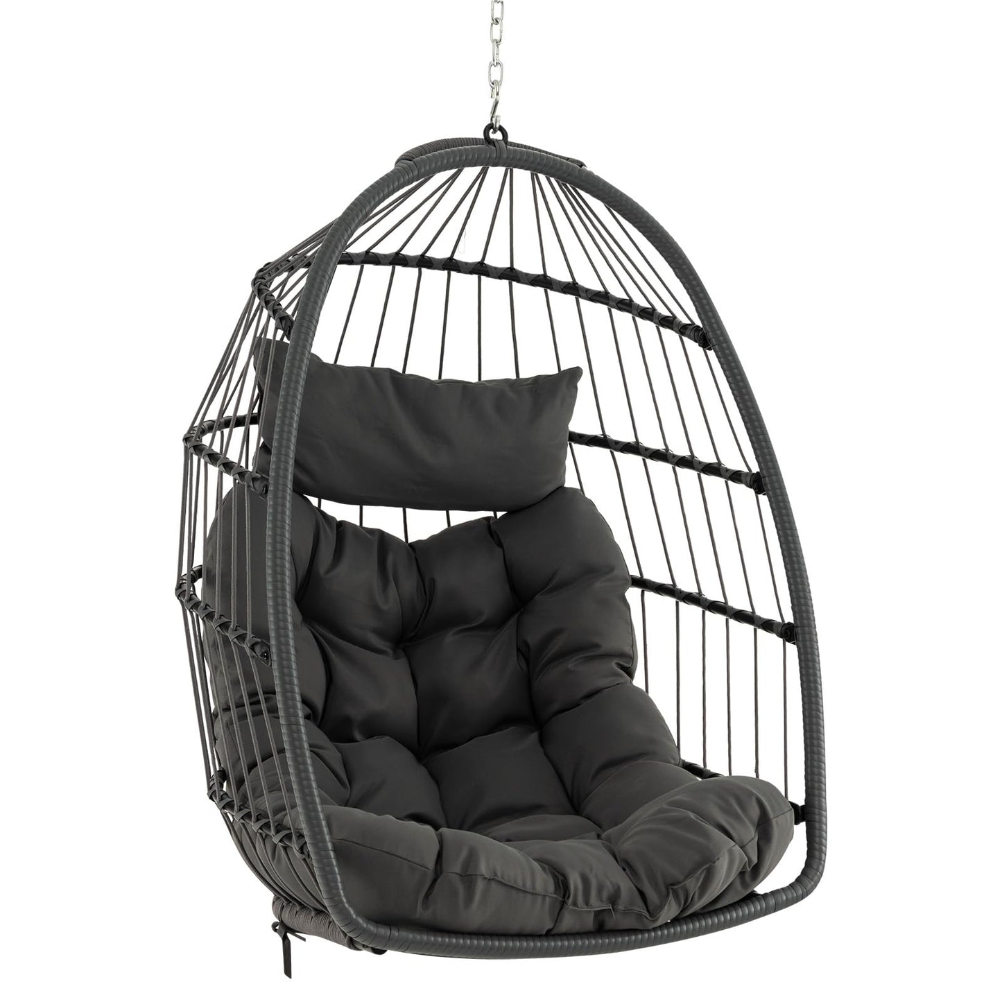 Hangstoel – Hangstoel met Kussen – Hangmatstoel – Schommelstoel – Zitzak – Inklapbaar – PE Rattan – Inclusief Ophangsysteem – Max. 150 kg – Grijs
