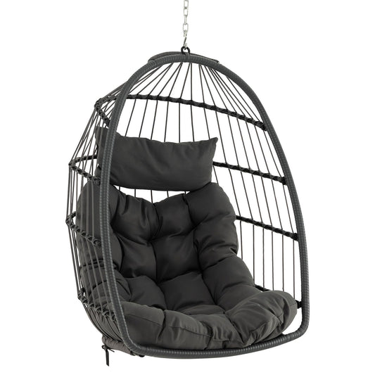 Hangstoel – Hangstoel met Kussen – Hangmatstoel – Schommelstoel – Zitzak – Inklapbaar – PE Rattan – Inclusief Ophangsysteem – Max. 150 kg – Grijs