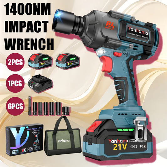 Slagmoersleutel – Slagschroevendraaier – Accu Slagmoersleutel – Slagpistool – Borstelloze Motor – 1400 Nm Koppel – 2x 4000mAh Batterijen – LED Werklamp
