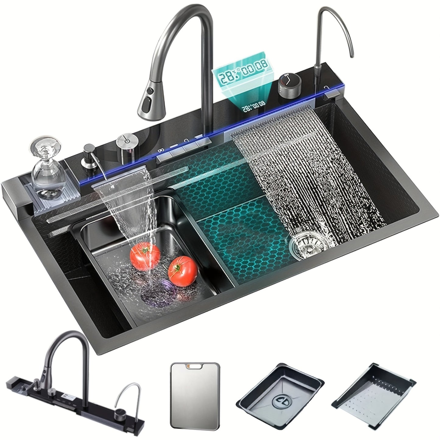 Digital Display Waterfall Kitchen Sink with Pull-Out Faucet Combo - 75x45cm Smart Waterfall Sink Honeycomb Deep Single Bowl with Accessories,  Contemporary Design, Easyclean Surface, Modern Homeowners, Interior Designers