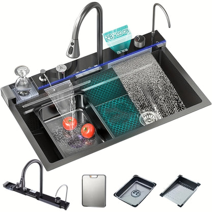 Keukenspoelbak – Spoelbak – Gootsteen – Wasbak – Enkele Bak – RVS – 75x45 cm – Digitale Waterval Display – Uittrekbare Kraan