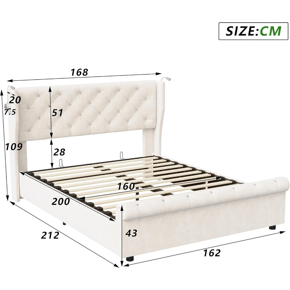 Opbergbed – Tweepersoonsbed – Bedframe – Fluwelen Bed – Stijlvol Bed – 160 x 200 cm – Hydraulische Lift – LED Leeslicht met USB Poorten