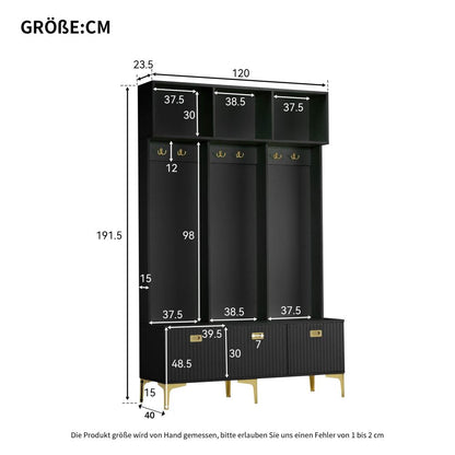 Halbank – Schoenenbank – Opbergbank – Kastbank – Kapstok – Zwart – Gouden Haken – 120 cm Breed – Ruimtebesparend – Eenvoudige Montage