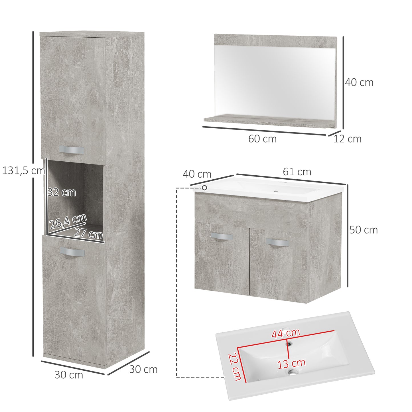 Badkamermeubelset – Badkamerkast – Wastafelmeubel – Spiegelkast – Kolomkast – Hangend Ontwerp – MDF Hardhout Afwerking – Grijs