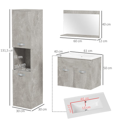 Badkamermeubelset – Badkamerkast – Wastafelmeubel – Spiegelkast – Kolomkast – Hangend Ontwerp – MDF Hardhout Afwerking – Grijs