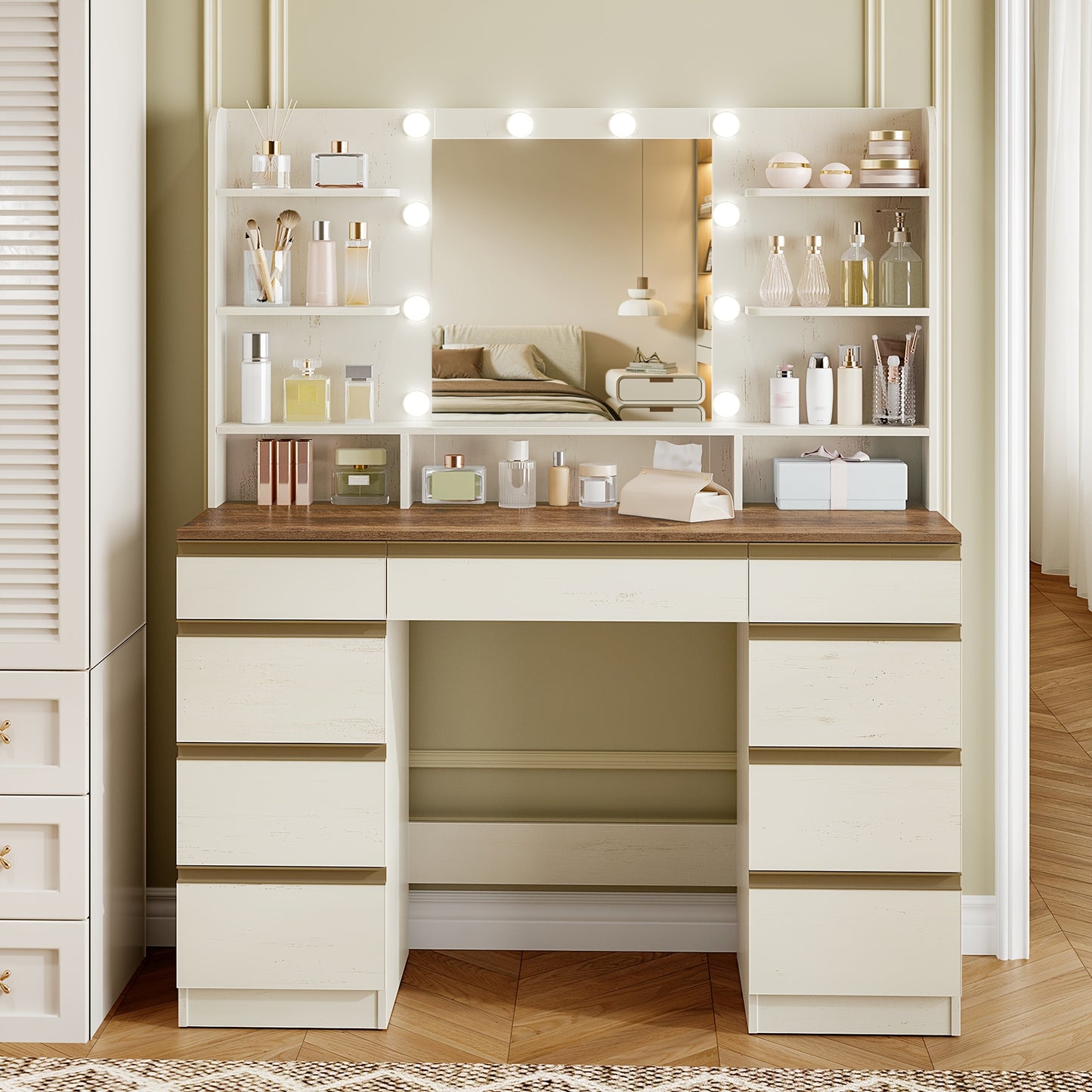 Kaptafel – Make-uptafel – Toillet – Verzorgingstafel – Slaapkamertafel – Wit met Gouden Accenten – Verstelbare Verlichting – Grote HD-Spiegel – Veel Opbergruimte