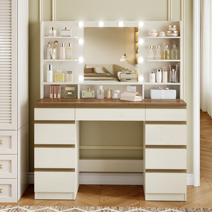 Kaptafel – Make-uptafel – Toillet – Verzorgingstafel – Slaapkamertafel – Wit met Gouden Accenten – Verstelbare Verlichting – Grote HD-Spiegel – Veel Opbergruimte