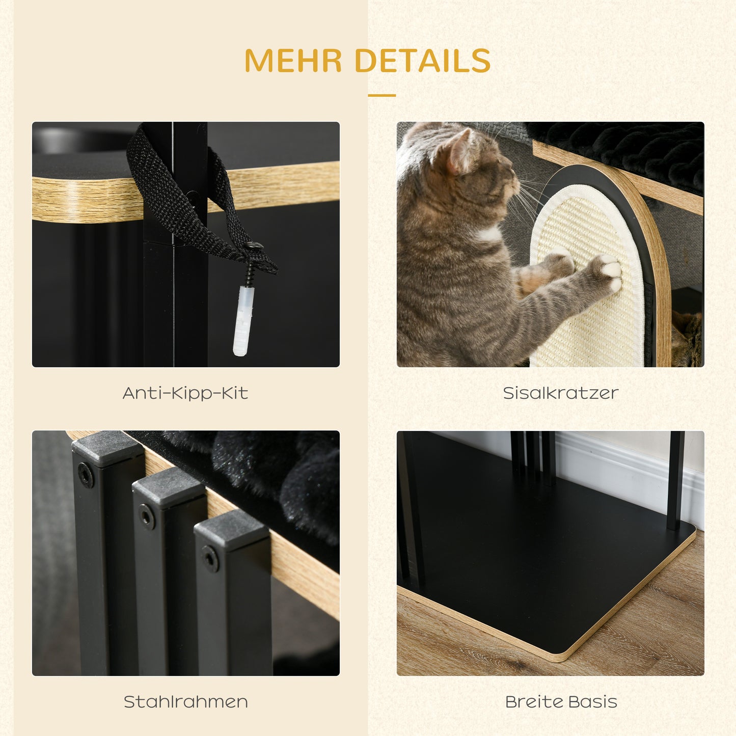 Krabpaal – Krabmeubel – Kattenpaal – Kattenmeubel – Industrieel Design – Stalen Frame – 3 Platforms – 2 Wasbare Kussens