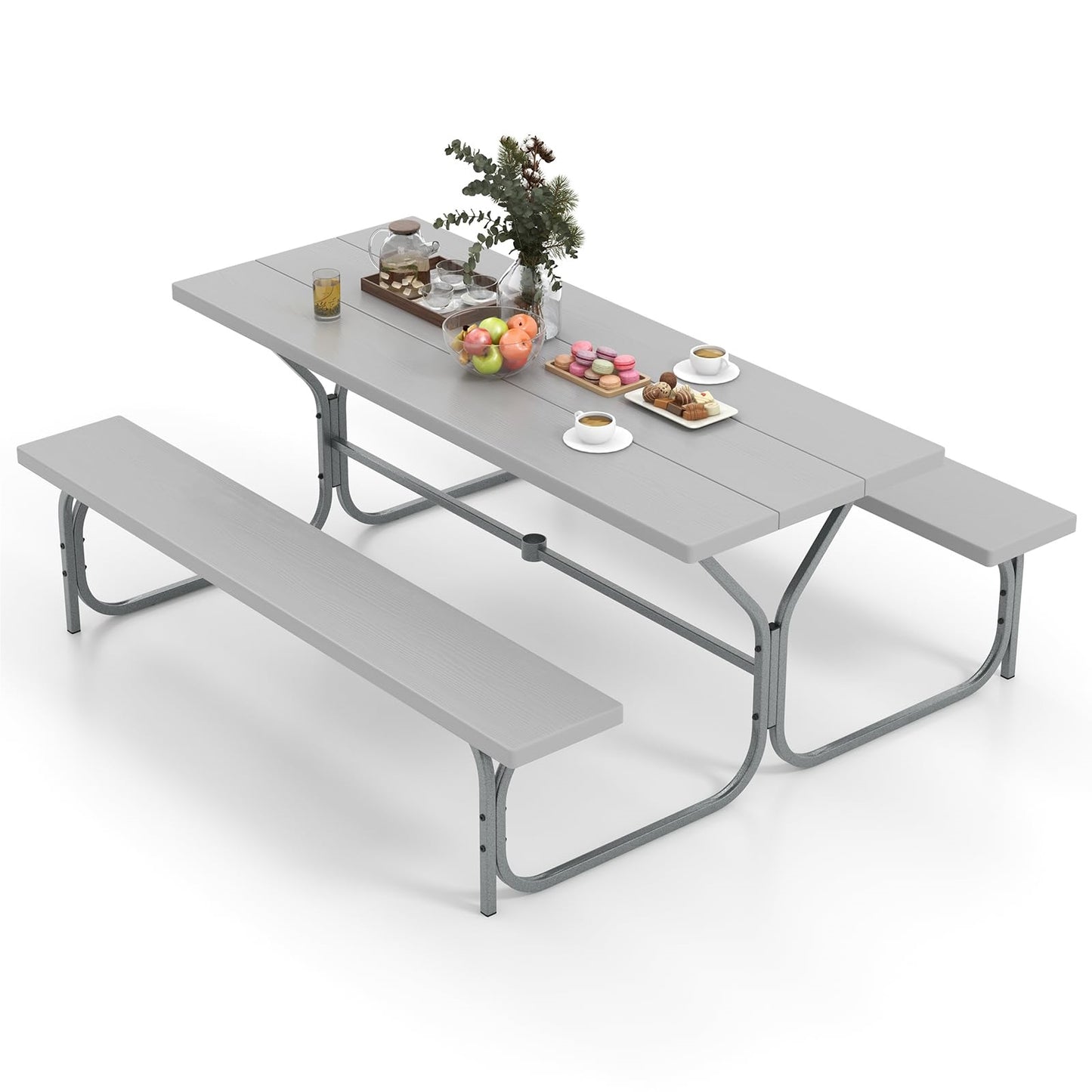 Biertafeltje – Biertafel – Bierbank – Biertafelset – Biertentset – Weerbestendig HDPE Tafelblad – Inclusief Parasolhouder – Voor 6-8 Personen – Grijs