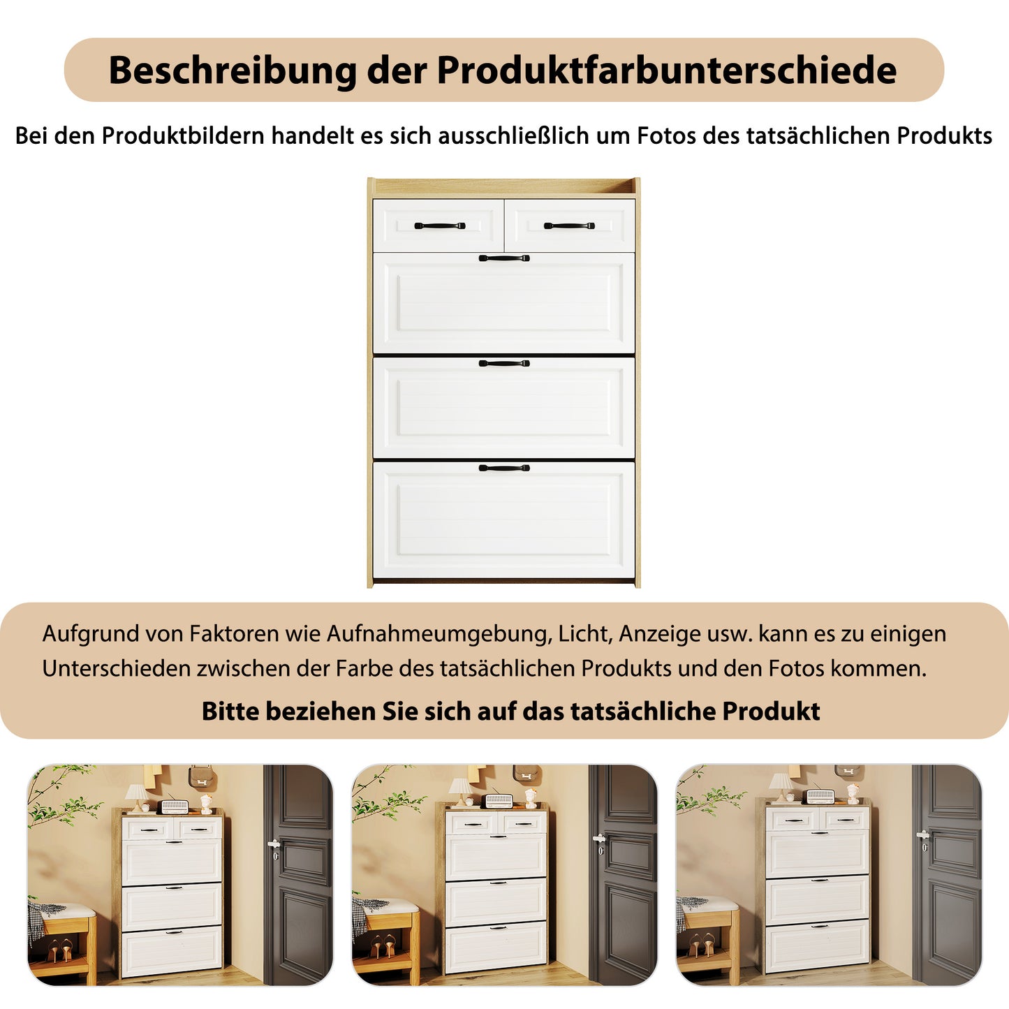 Schoenenkast – Schoenenrek – Schoenenopberger – Schoenenbank – Schoenenkast – 3 Draaibare Kleppen – 2 Lades – Wit Met Natuurlijke Houtlook – Compact 80x23,5x131 cm