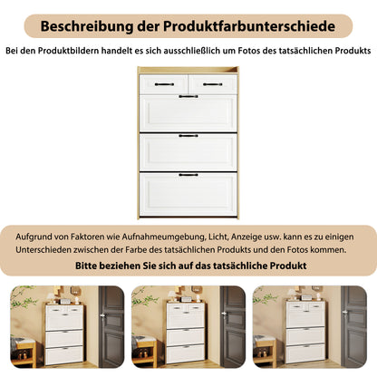 Schoenenkast – Schoenenrek – Schoenenopberger – Schoenenbank – Schoenenkast – 3 Draaibare Kleppen – 2 Lades – Wit Met Natuurlijke Houtlook – Compact 80x23,5x131 cm