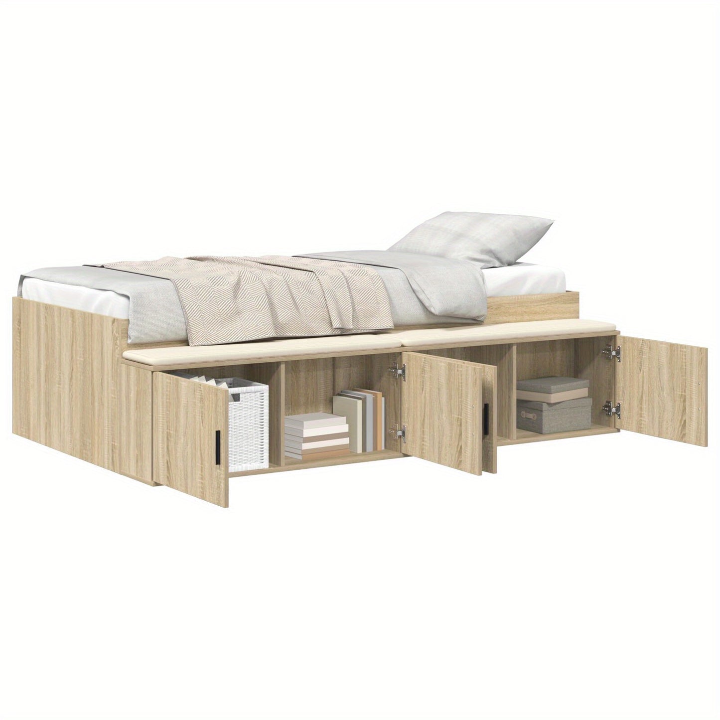 Opbergbed – Opbergbedframe – Bed met Laden – Eenpersoonsbed – Slaapbank – Eiken Bruin – 90x200 cm – Hardhouten Frame – Ingebouwde Opbergladen